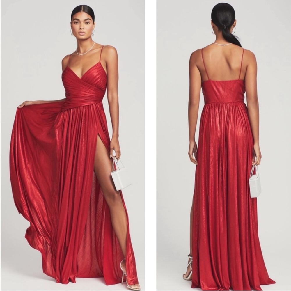 RETROFETE Doss Ruched Draped Metallic Lame Red Maxi Dress Size Medium